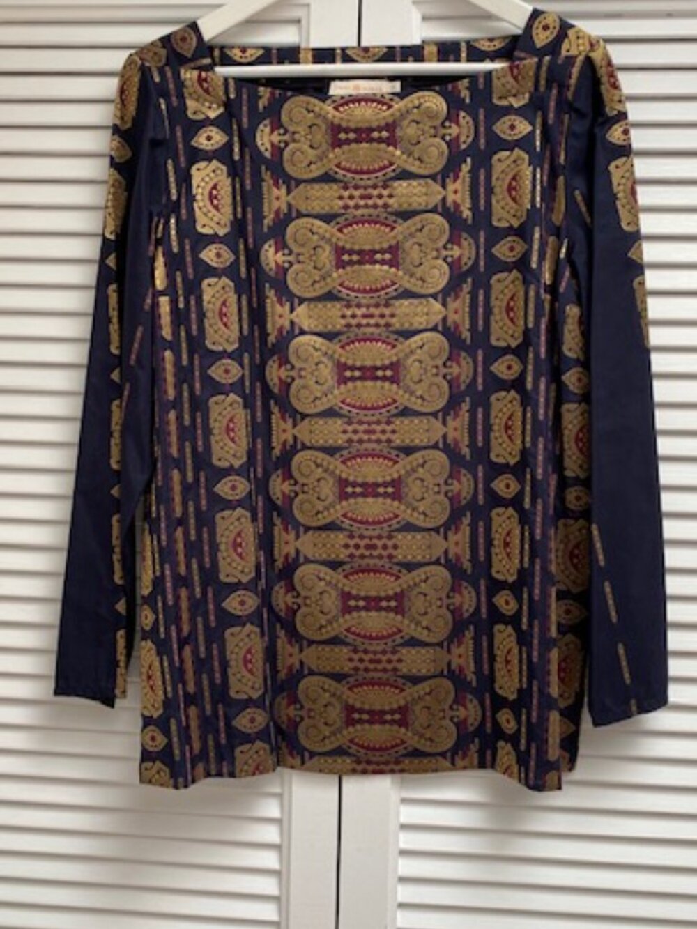 Tory Burch Metallic Jacquard Blouse Navy Burgundy GoldLong Sleeve 12